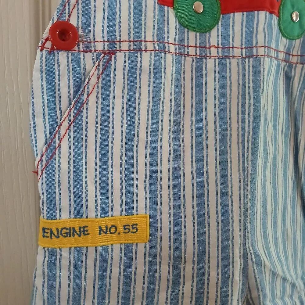 Vintage 90s Blue White 100% Cotton Striped Fire Truck Shorts Overalls 18m Retro